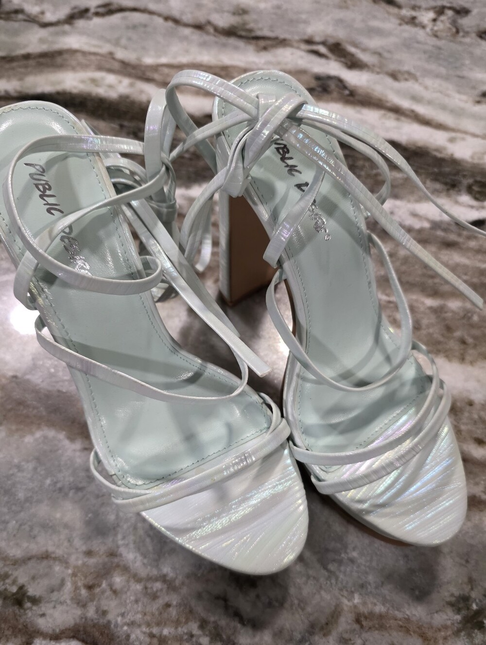 Public Desire Mint Iridescent Lace Up Platform Heels Strappy Block Heel 7.5 - Picture 3 of 10